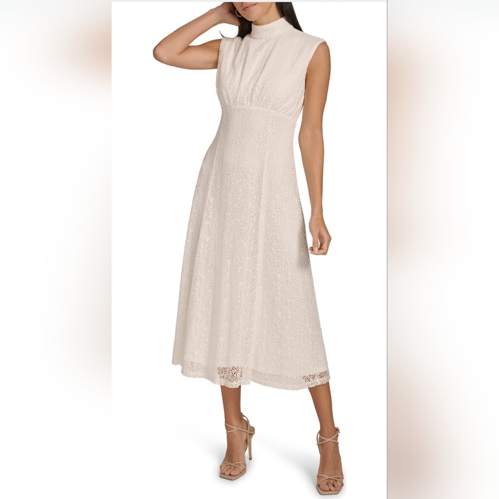 Calvin Klein Mock Neck Sleeveless Lace A-Line Dress Cream Size 8